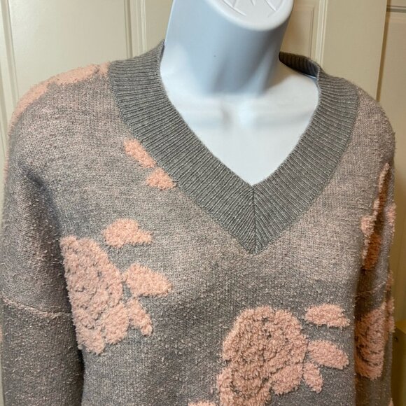 NWT Miss Sparkling “Believe You Will” Floral Chenille Sweater Gray Pink XL - Picture 5 of 9
